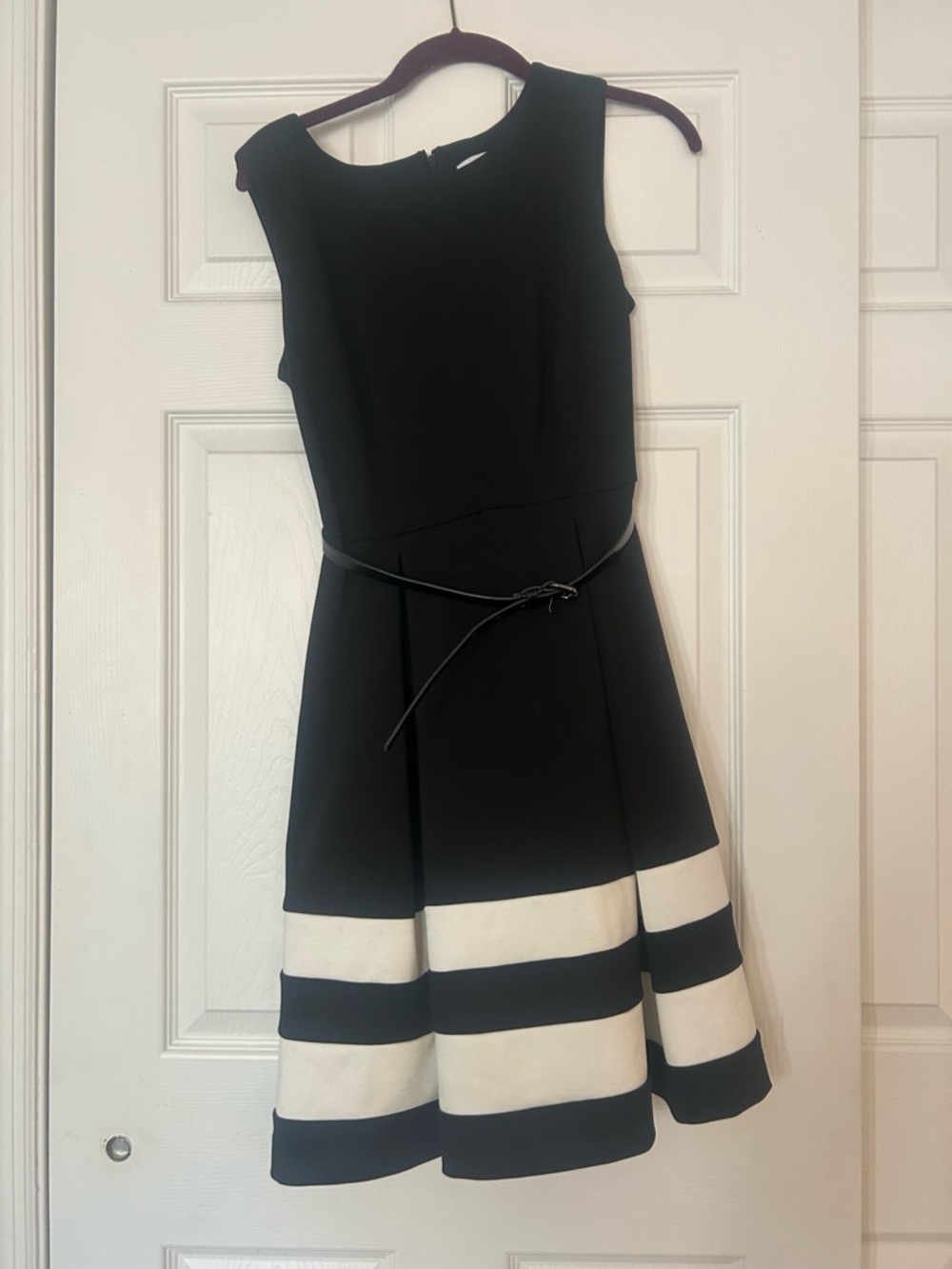 Calvin Klein Black and White Sleeveless Fit-and-Flare Midi Dress
